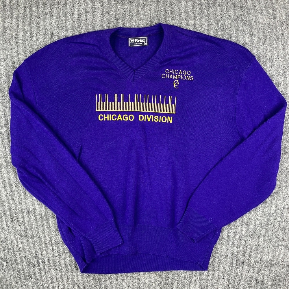 McBriar Sweater Mens Size XXL Purple V-Neck Chicago Division USA Vintage Graphic